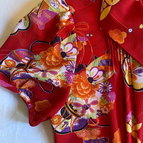 Vtg Michele Michelle Short Sleeve Blouse Sz Med Red Boho Colorful Office Pleated - Picture 5 of 11